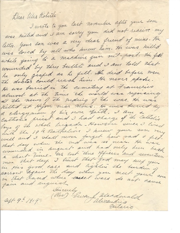 Letter from Father Ewen J. Macdonald (1882-1972), brigade chaplain, to Mrs Roberts, 9 Sept. 1919.