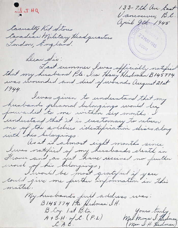 Letter Mona Hedman 9 April 1945