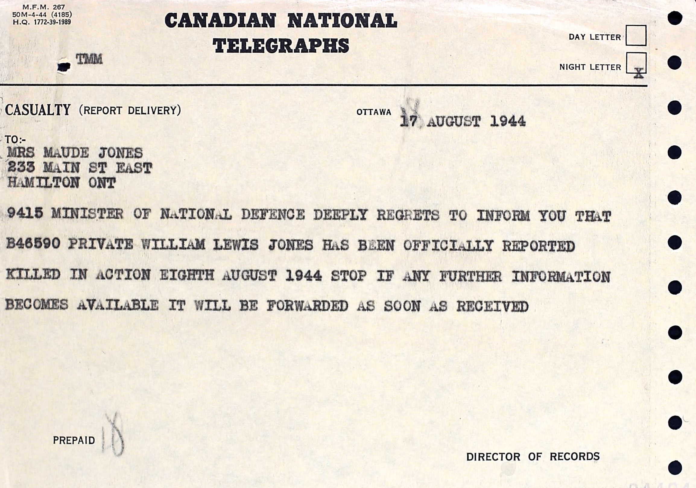 Telegram, Jones 17 August 1944