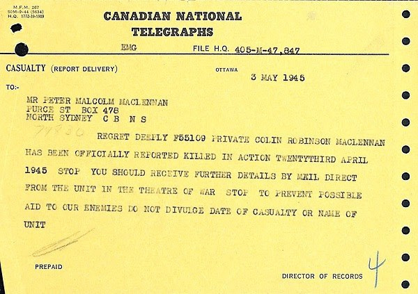 Telegram death of Pte MacLennan