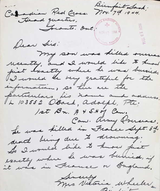 Letter Victoria Wheeler to Canadian Red Cross